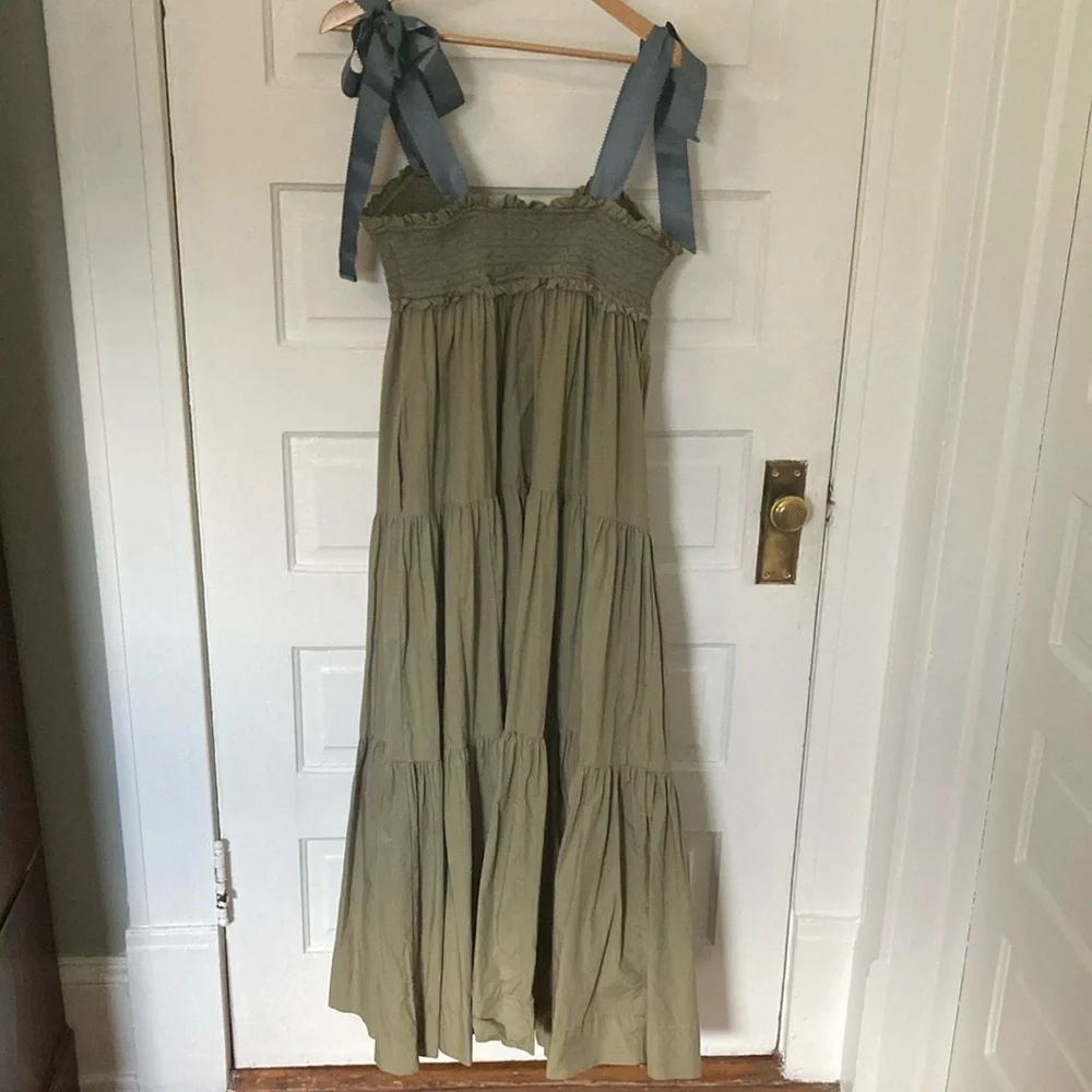 Free People Olive Green Maxi Dress with Blue Tie Straps - Picture 3 of 6